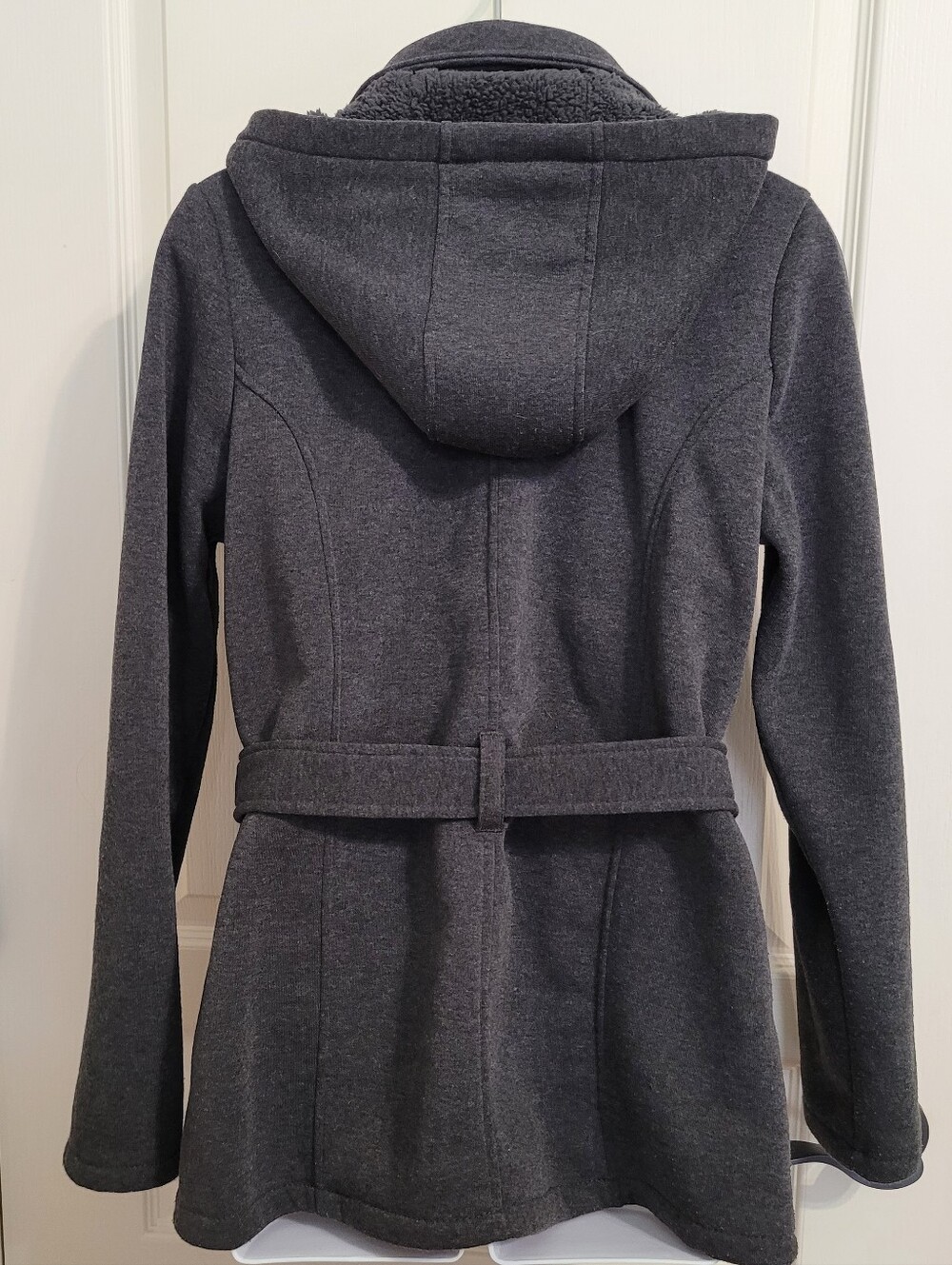 YMI Double-Breasted Jersey Knit Pea Coat, Hooded & Belted - Sz L, Gray, GUC - Picture 4 of 11